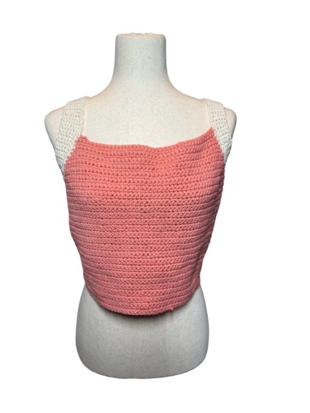 summer Halter Top Peach Crochet Crop Top Cream Cross-Back Straps SZ OS